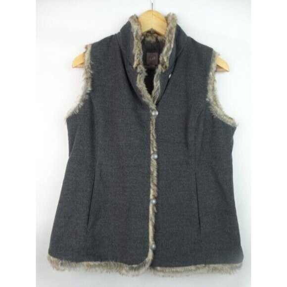 J.Jill Women's Vest Gray Size Small Faux Fur Trim Button Down Pockets Jacket Top - Picture 1 of 7